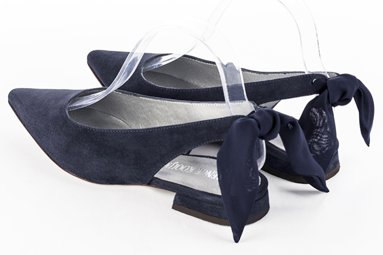 Navy blue women's slingback shoes. Pointed toe. Flat block heels. Rear view - Florence KOOIJMAN